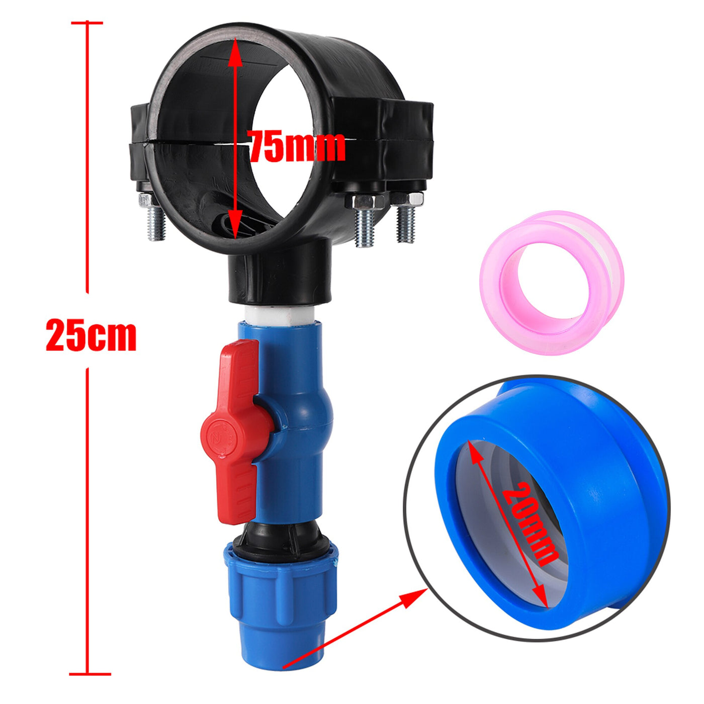 75mm*3/4 inch Female Saddle Connector PE Pipe Repair Fittings Diversion Valve Kit Pipe Clamp Saddle