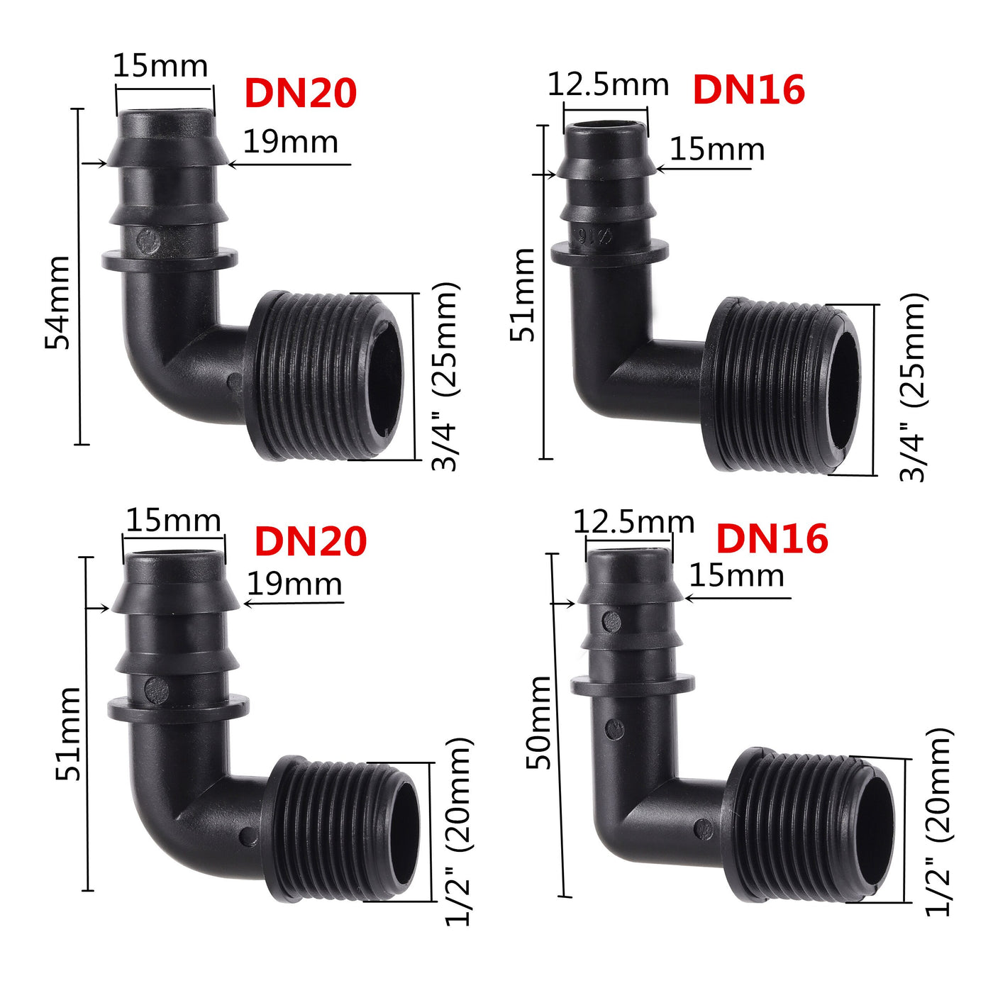 DN16 DN20 90 Degree Elbow Connectors Irrigation Water Connector Barbed Fittings