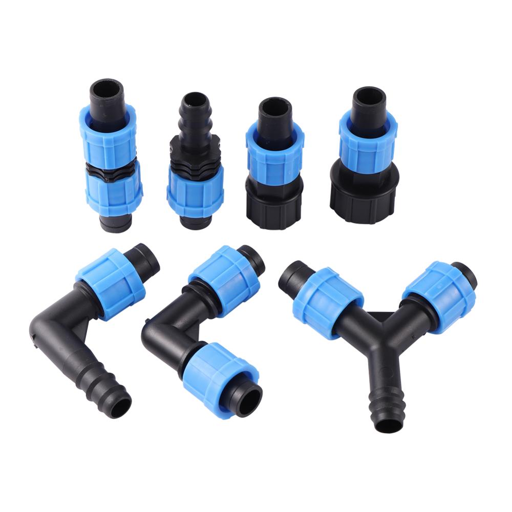 DN17 Drip Tape Pipe Locked Connectors 1/2" 3/4" Female Thread Straight Elbow Y Shape Drip Tape Connector